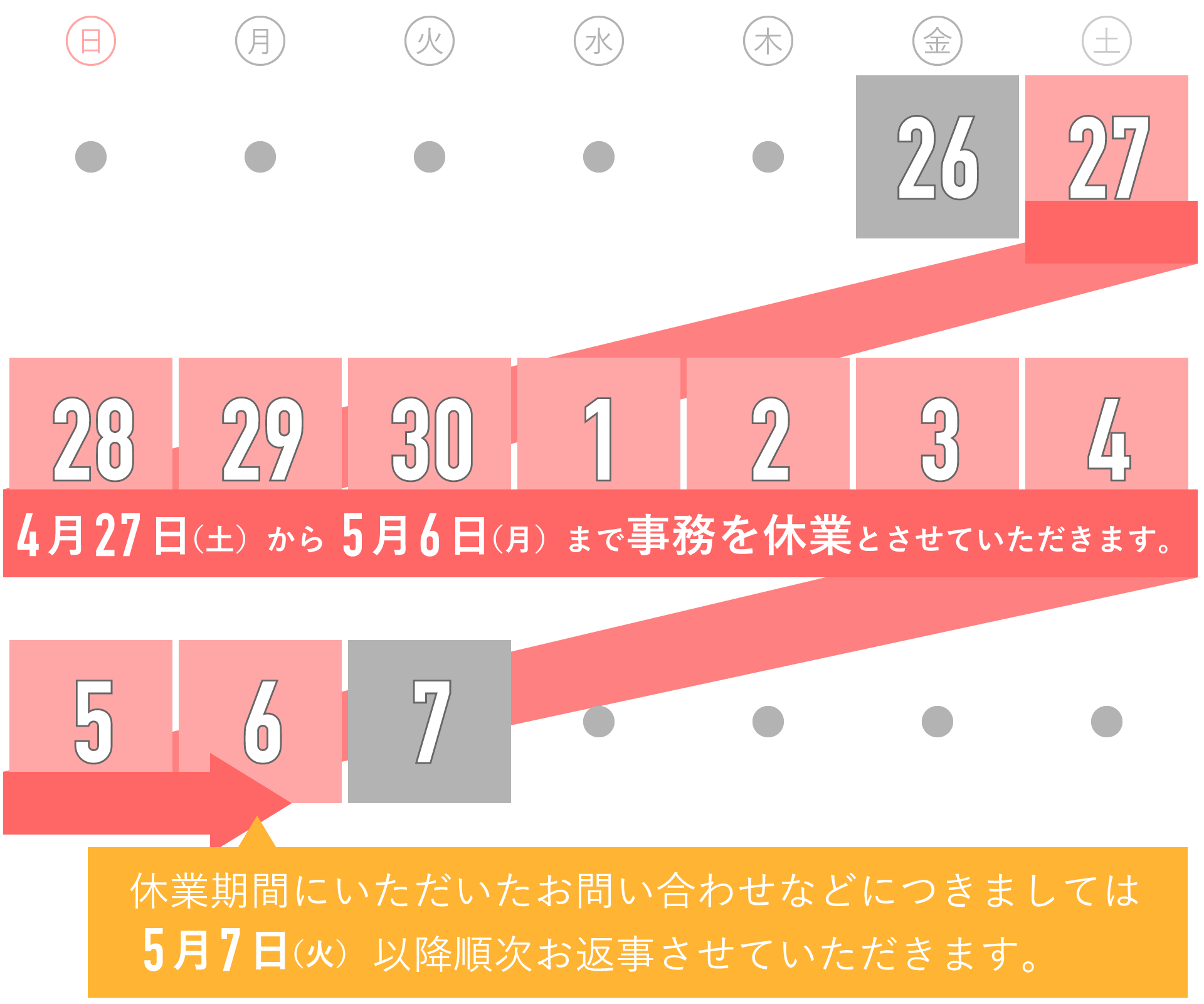 事務休業日：2019年4月27日（土）-2019年5月6日（月）
