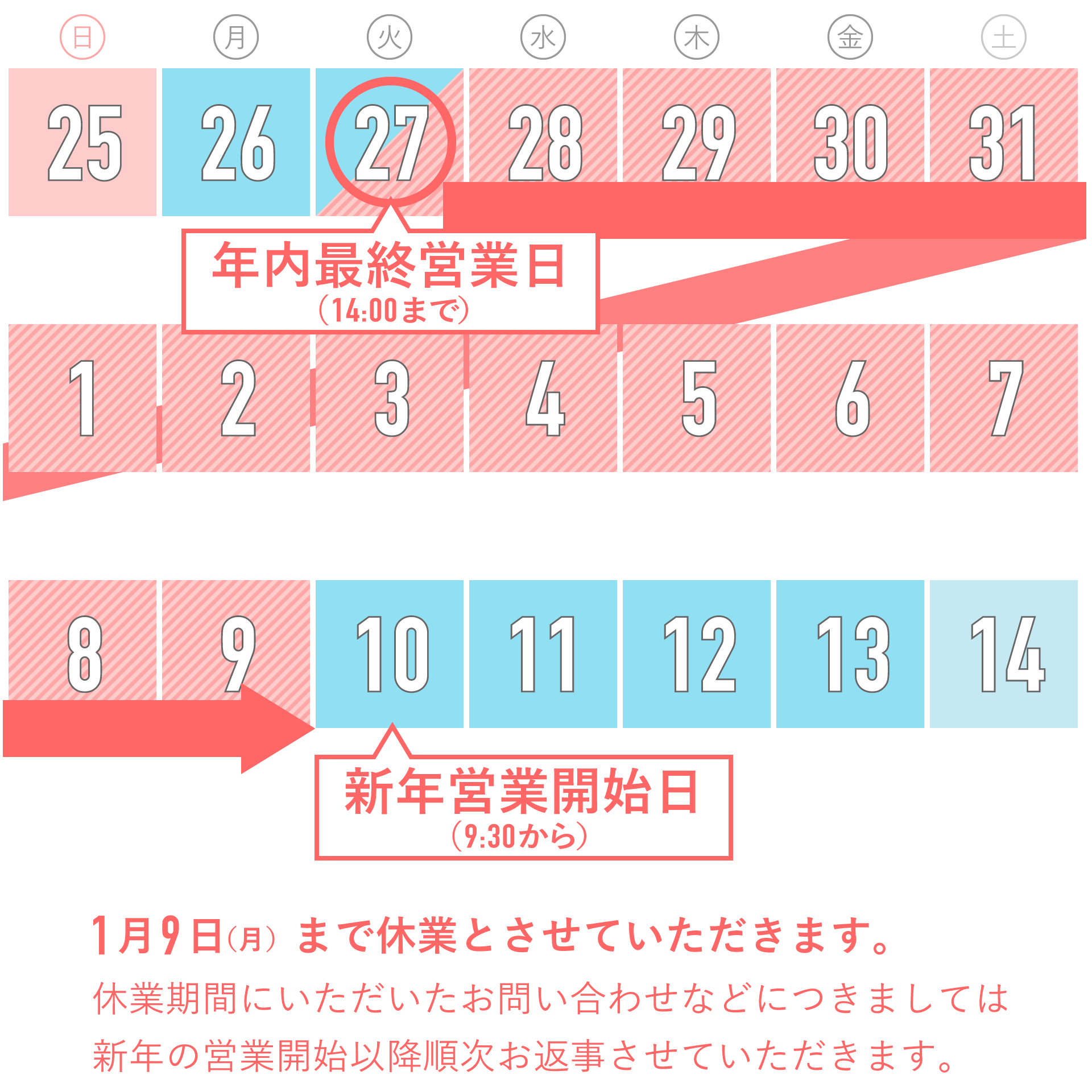 12月27日（火）14:00 - 1月9日（日）まで休業とさせていただきます。